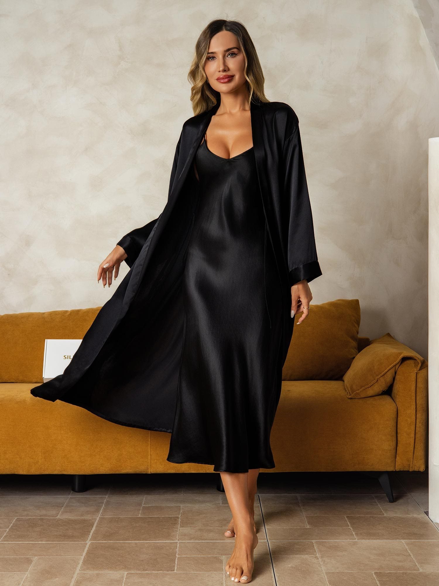 [Black] SilkSilky-UK Long Sleeve V Neck Nightdress&Dressing gowns 001