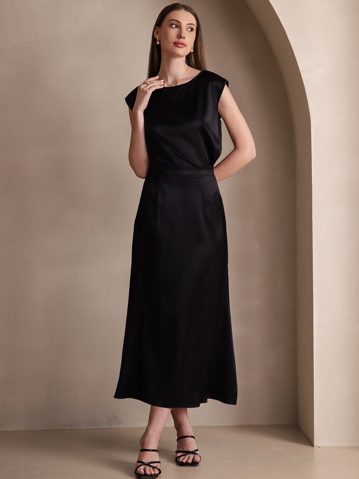 [Black] SilkSilky-UK 19Momme Stretch Silk Charmeuse Skirt 006
