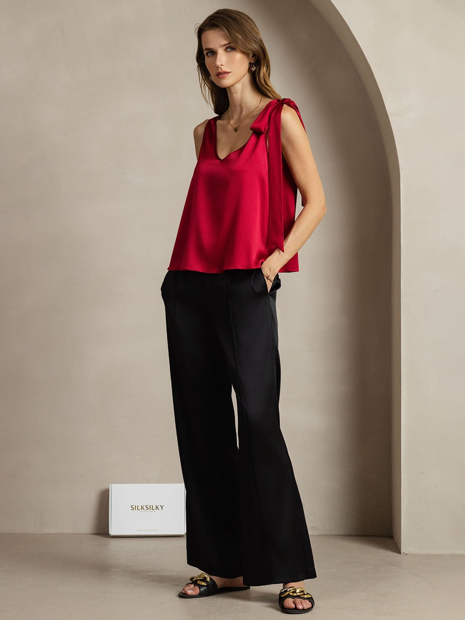 [Wine] SilkSilky-UK 19Momme Silk V Neck Women's T-Shirt 003