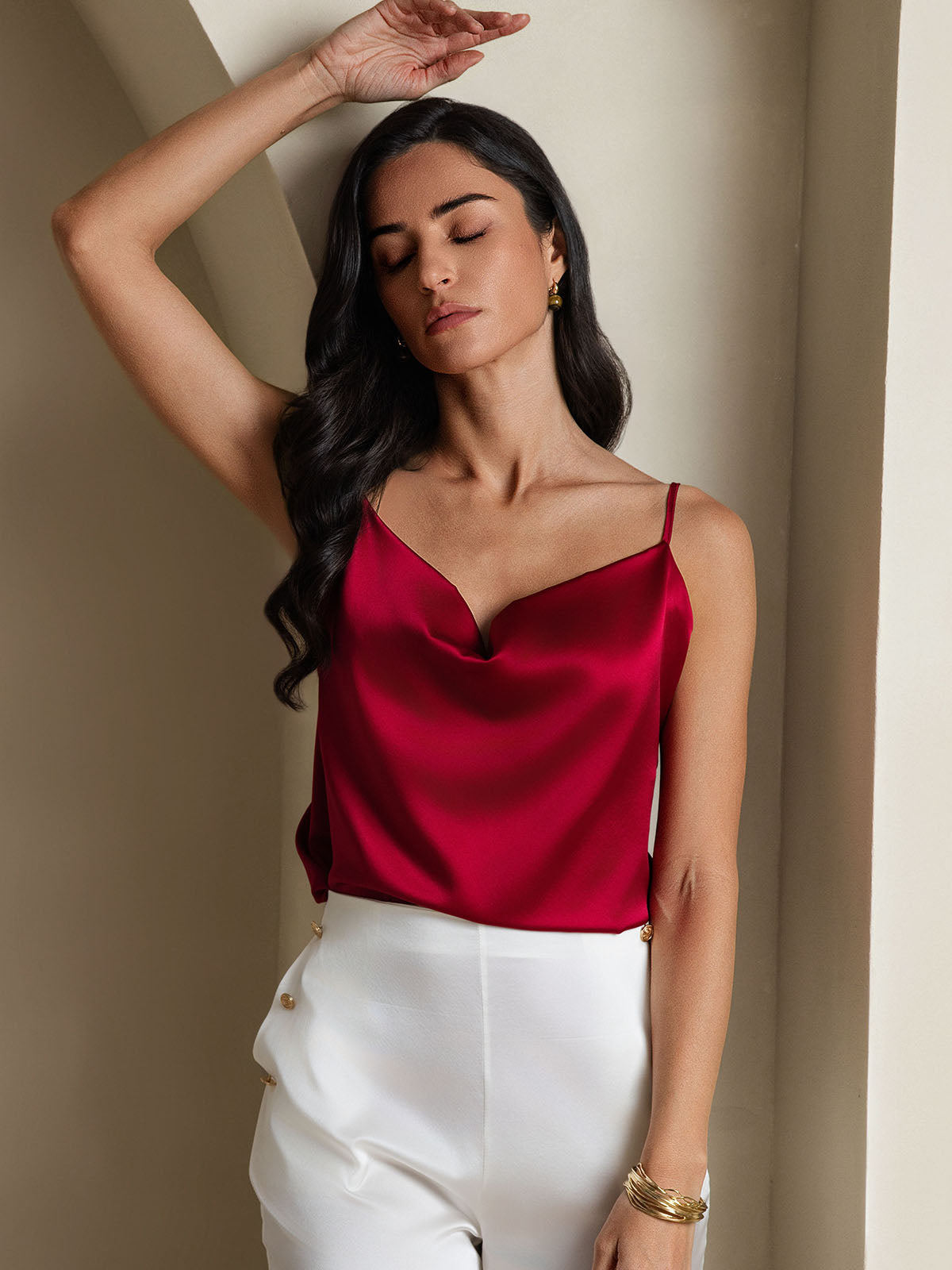 SilkSilky-UK 19Momme Silk Cowl Neck Camisole Wine 007
