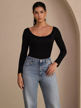 [Black] SilkSilky-UK Long Sleeve U Neck Women's T-Shirt 004