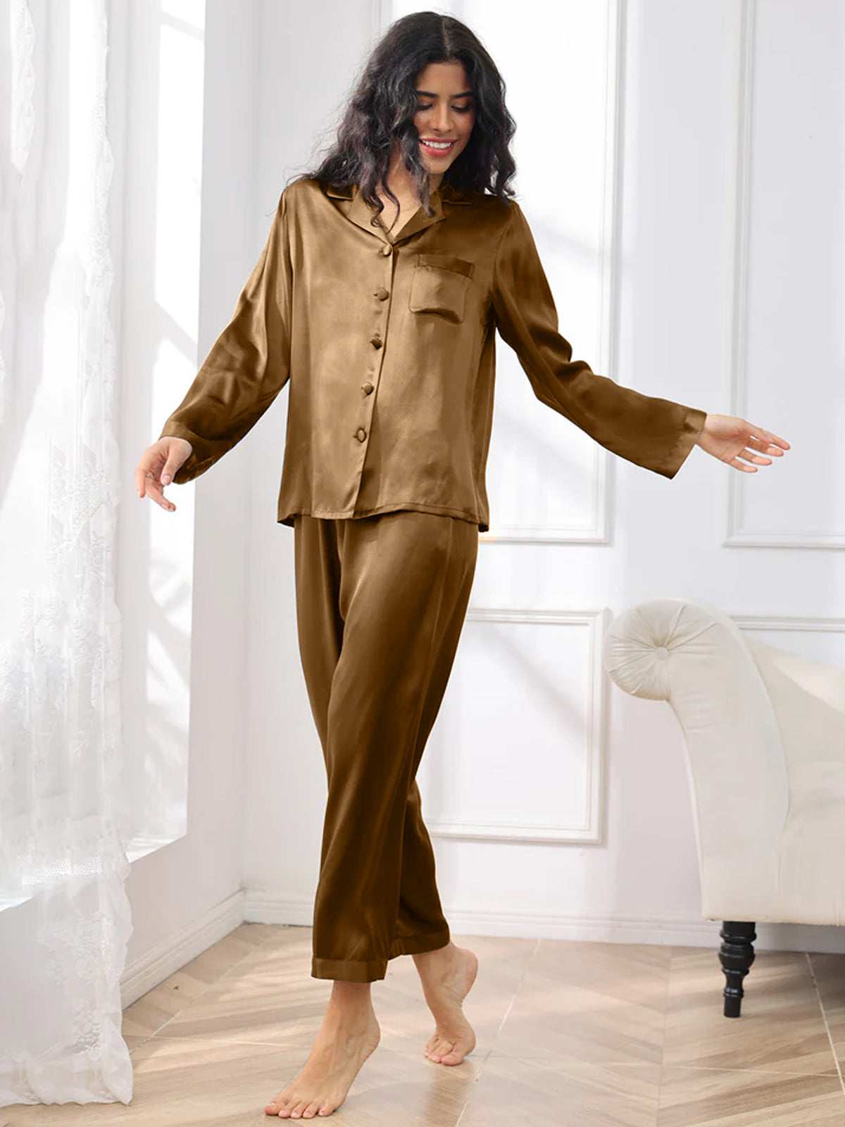 [Brown] SilkSilky-UK Pure Silk Womens Pajamas 003