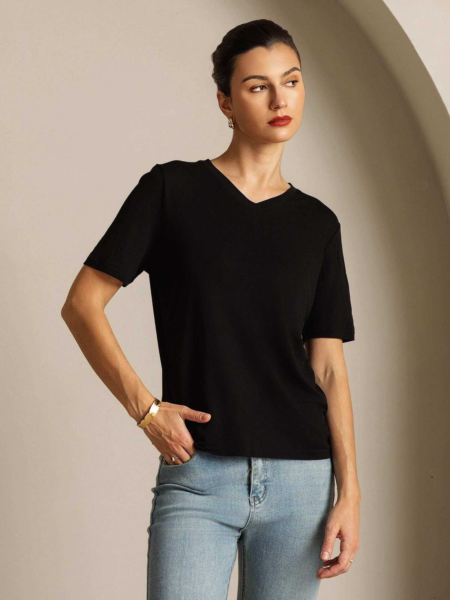 [Black] SilkSilky-UK Pure Silk V Neck Women's T-Shirt 007