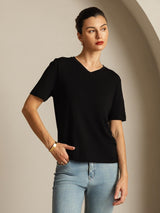 [Black] SilkSilky-UK 100% High-Twist Silk Jersey Short Sleeve V Neck Women's T-Shirt 007