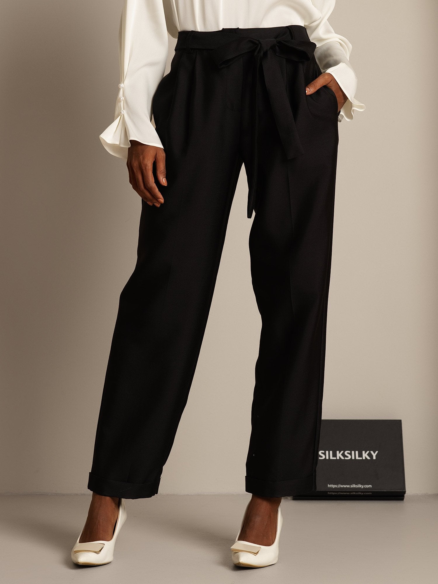 [Black] SilkSilky-UK 32Momme Silk-Wool Blend Womens Pants 001,