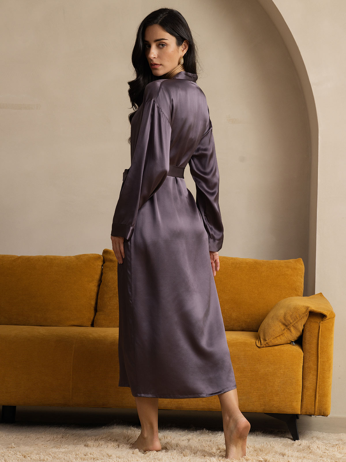 [Purple Gray] SilkSilky-UK Pure Silk Wrap Women's Dressing Gown 002
