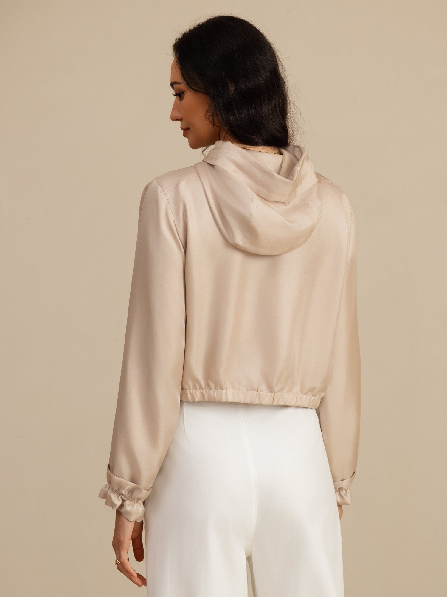 [Tan] SilkSilky-UK 18Momme Silk Satin Surah Long Sleeve High Neck Women's Outerwear 002