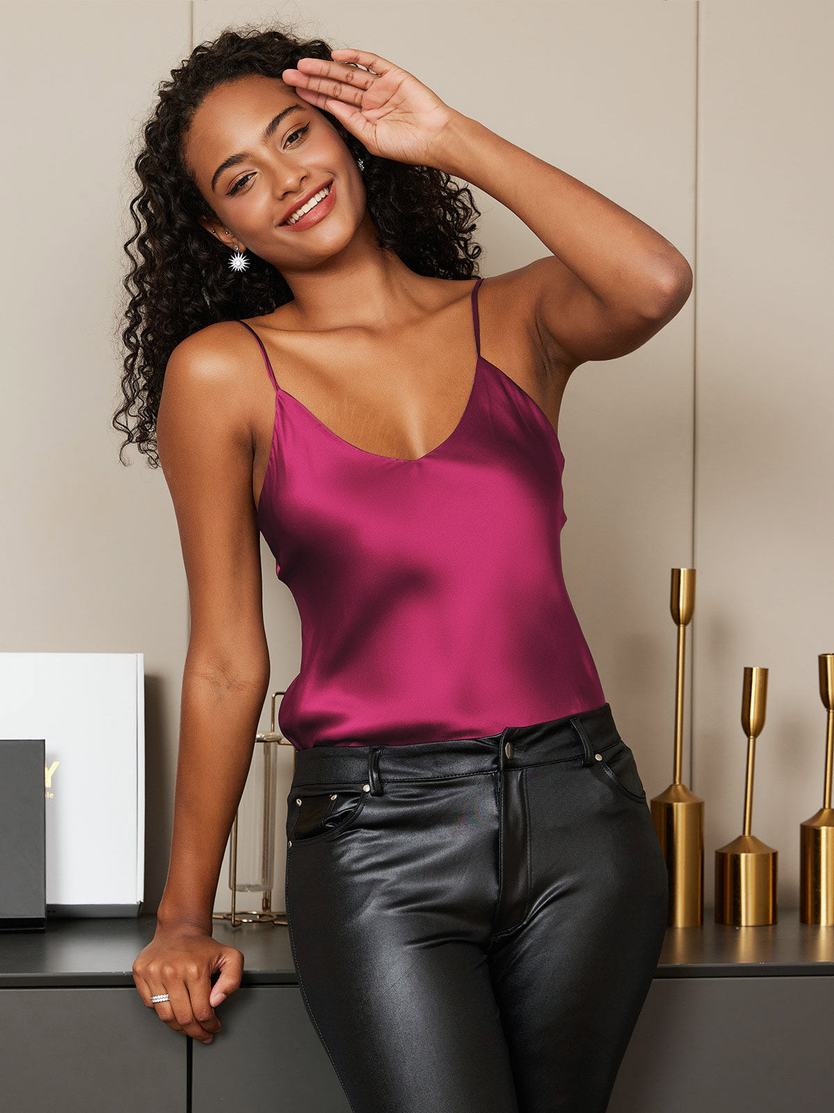 [Fuchsia] SilkSilky-UK Pure Silk Sleeveless V Neck Camisole 001