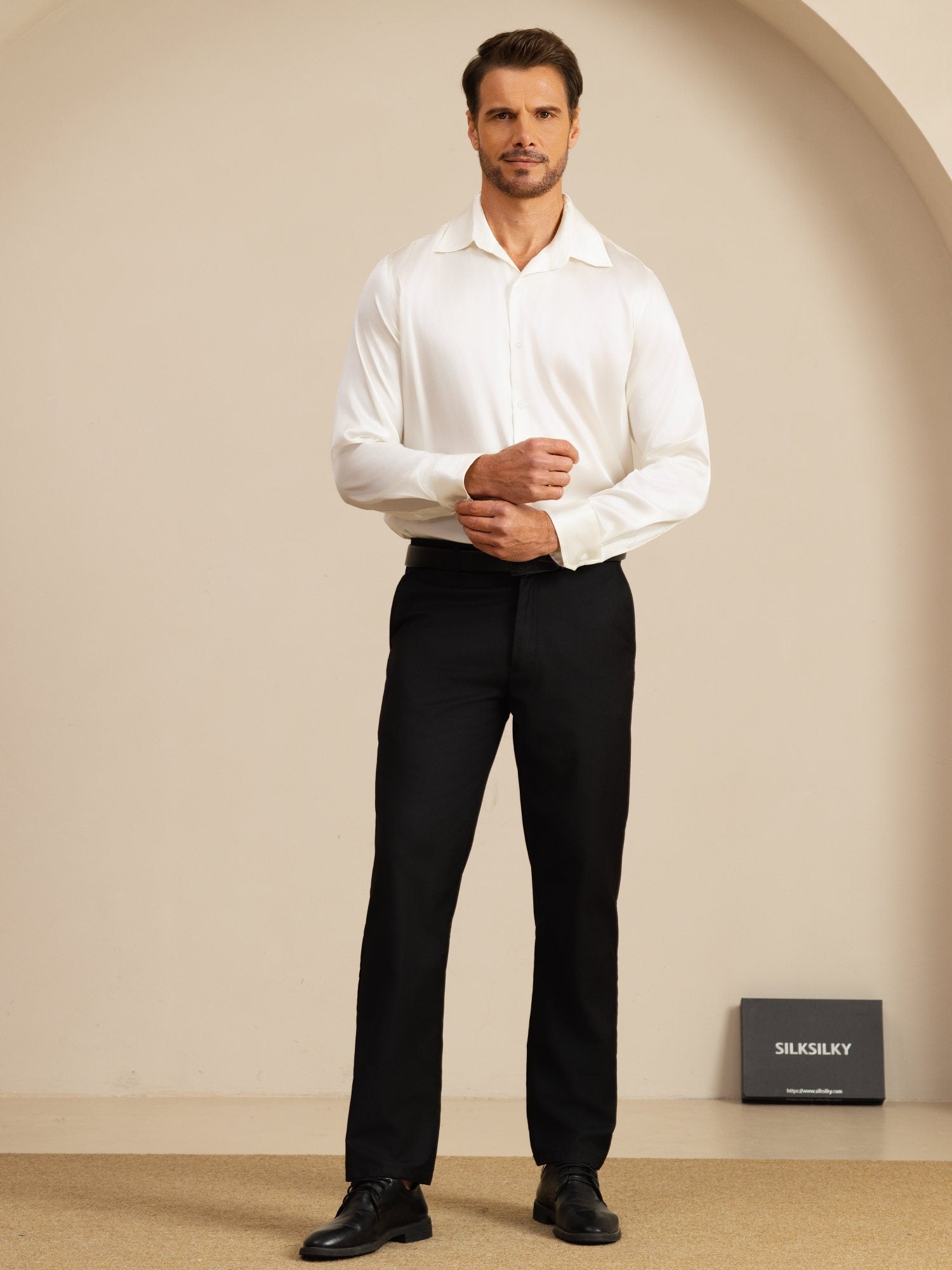 [White] SilkSilky-UK 19Momme Stretch Silk Charmeuse Long Sleeve Lapel Collar Men's Shirt 008