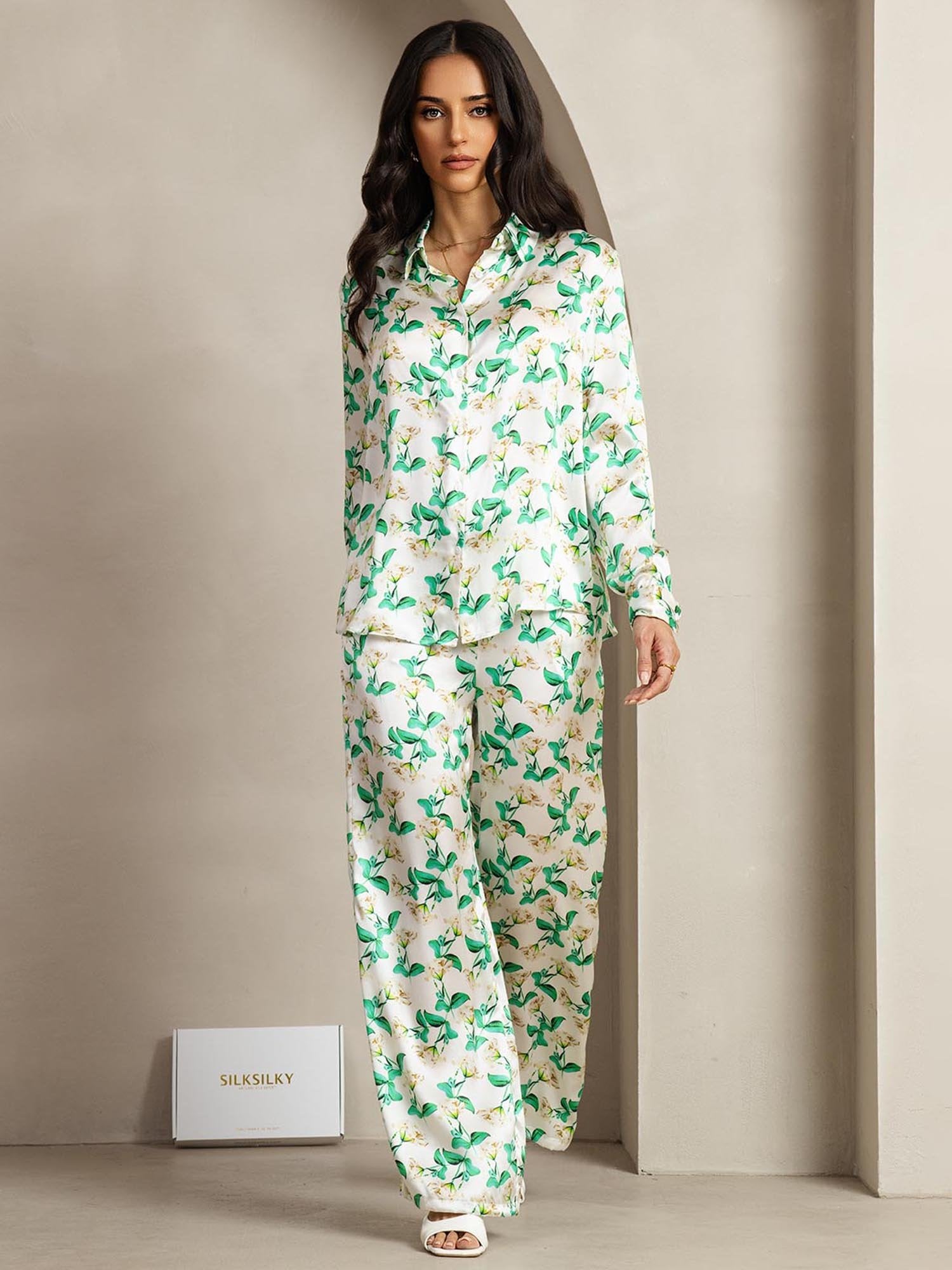 [GreenFloral] SilkSilky-UK 19Momme Silk Collar Women''s Outfit Sets 002