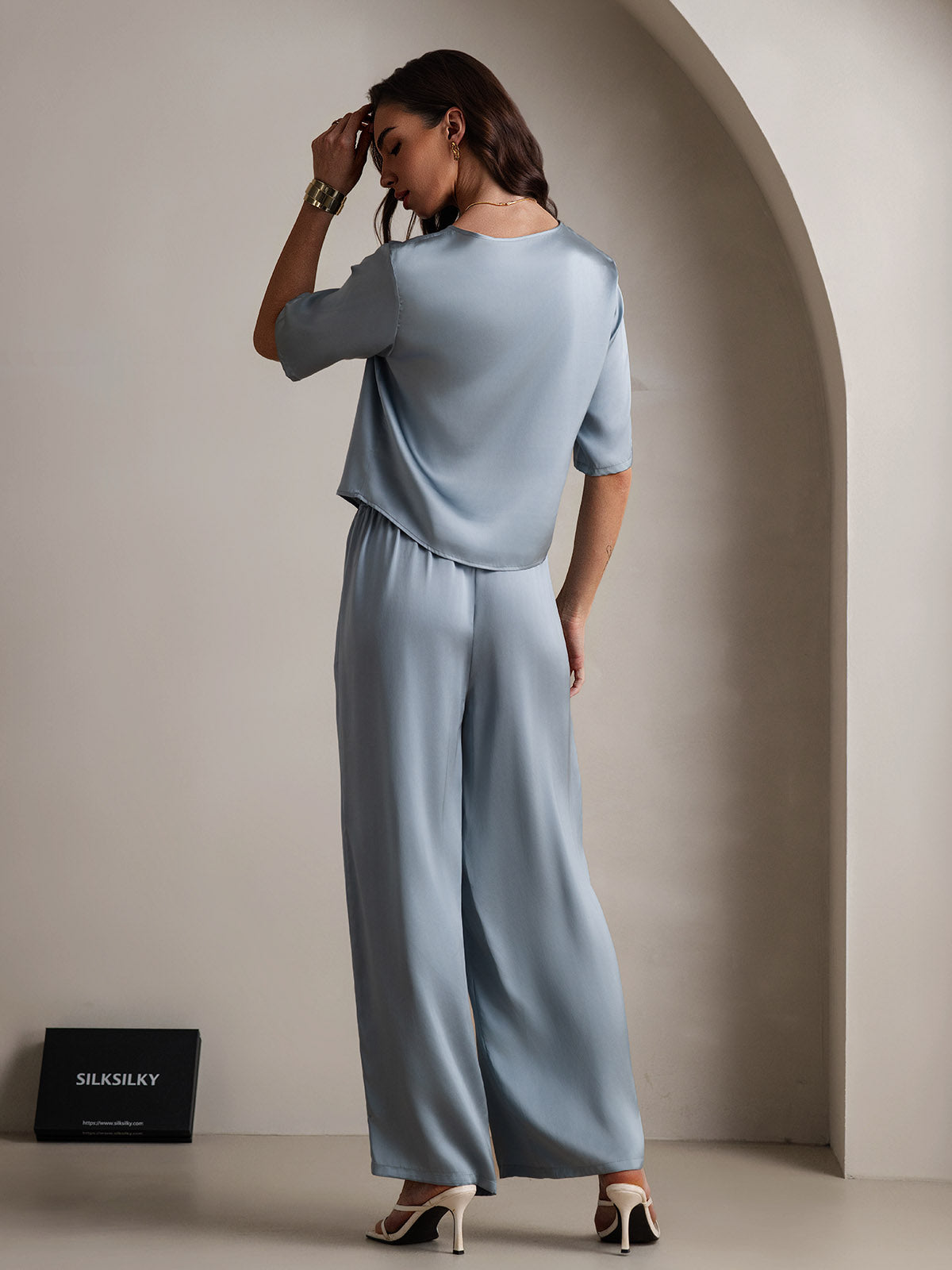 [Grayish Blue] SilkSilky-UK Pure Silk Round Neck Women's Pyjamas 002