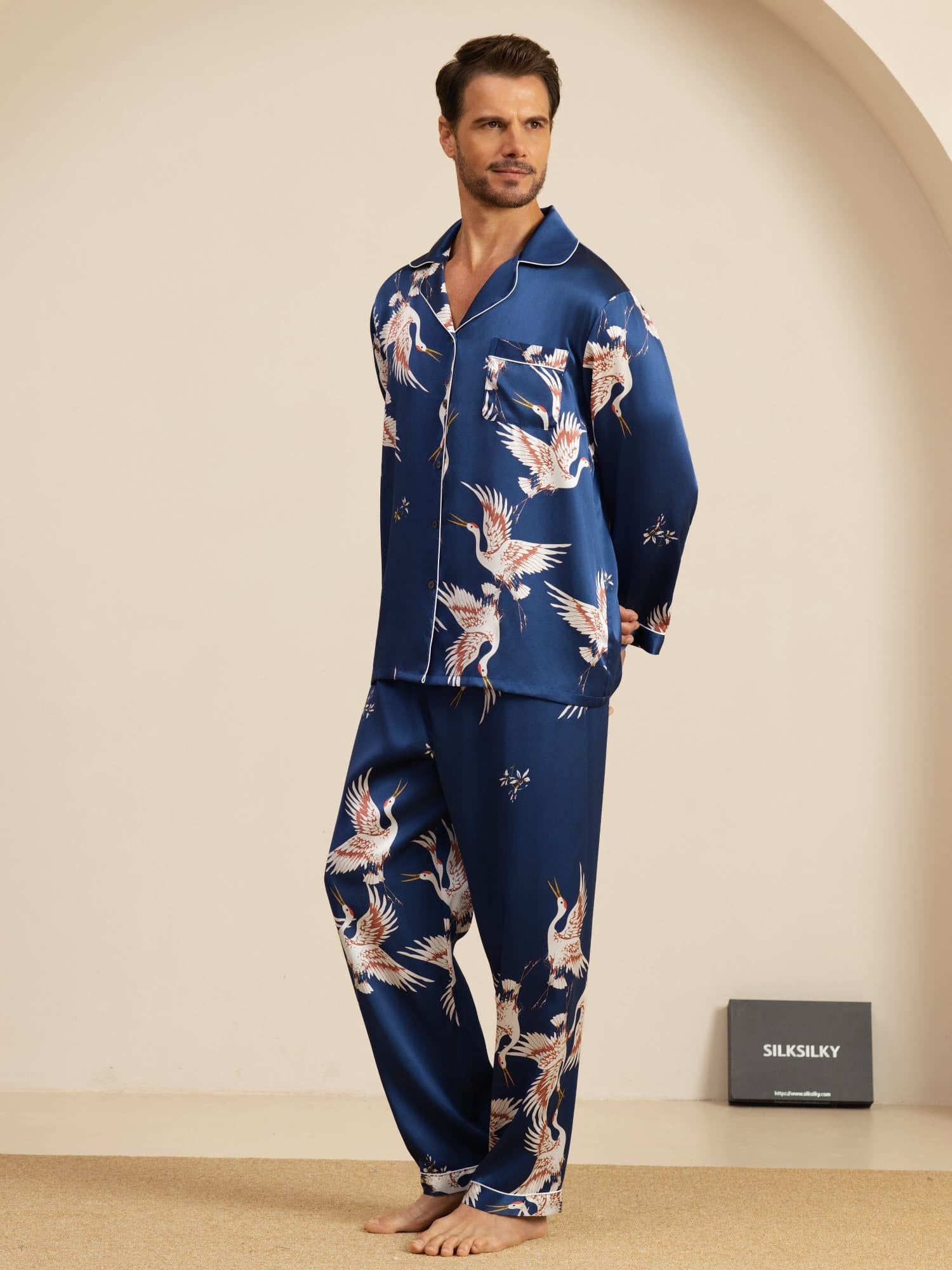 [Dark Blue] SilkSilky-UK 19Momme Long Sleeve Notch Collar Men's Pyjamas 005