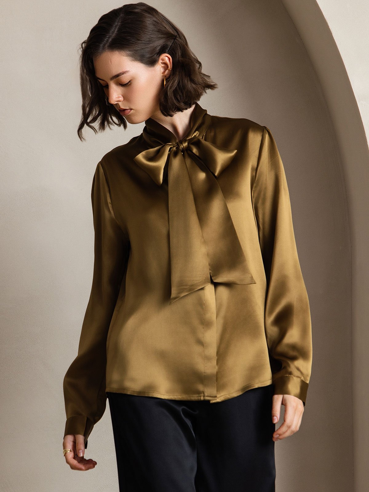 [Brown] SilkSilky-UK 19Momme Silk Long Sleeve Tie Neck Women's Shirt 001