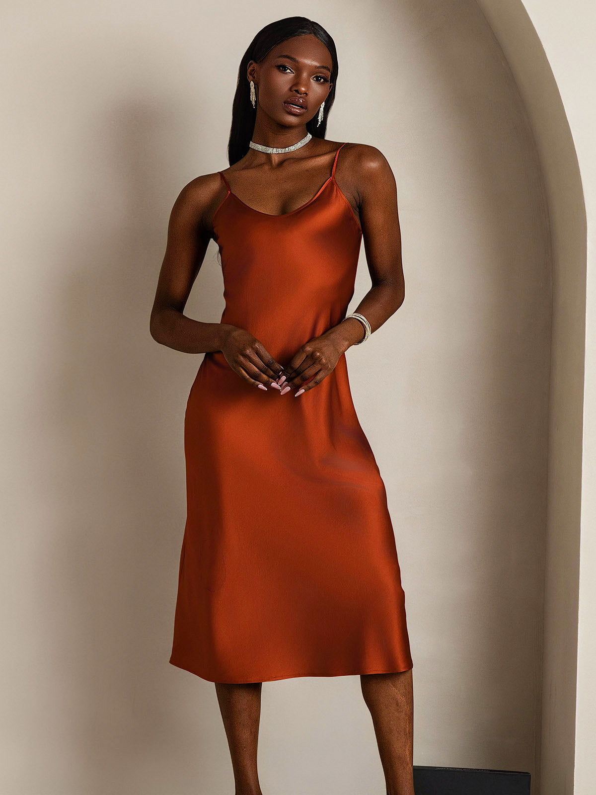 SilkSilky-UK Pure Silk Sleeveless Round Neck Dress Caramel 003