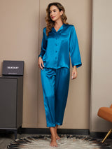 [Teal] SilkSilky-UK Long Sleeve Lapel Collar Women's Pyjamas 001