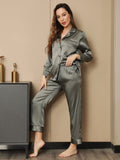 SilkSilky UK Pure Silk Long Sleeve Lapel Women's Pyjamas GrayishGreen 005