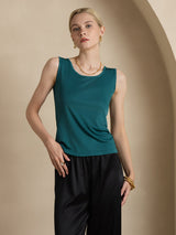 [Dark Green] SilkSilky-UK 100% Silk Jersey Sleeveless Round Neck Women's T-Shirt 005
