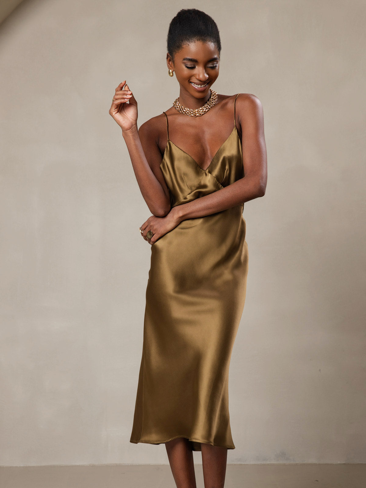 [Brown] SilkSilky-UK 19Momme Pure Silk V Neck Dress 001