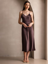 [Coffee] SilkSilky-UK Spaghetti Strap V Neck Dress 005