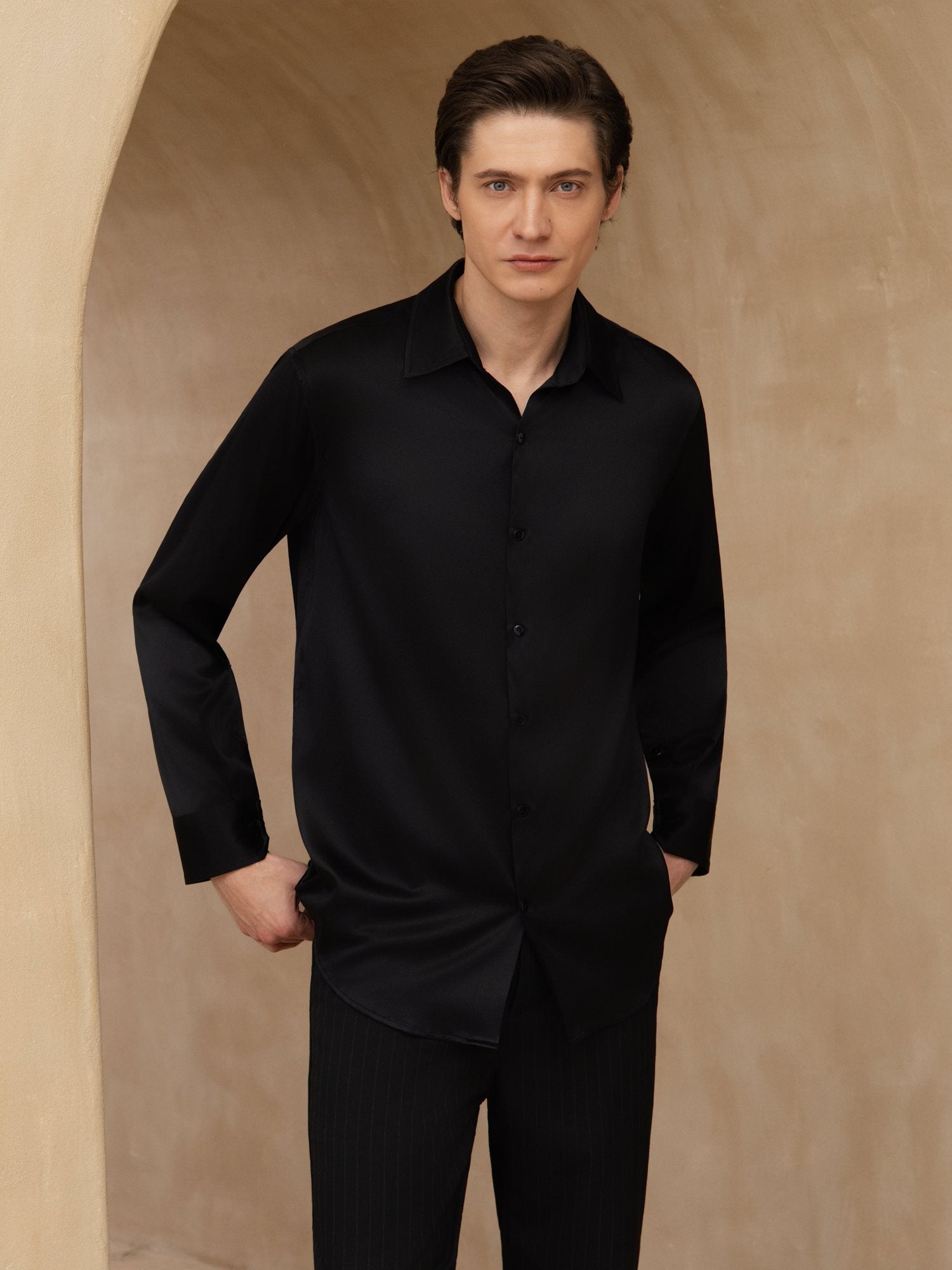 [Black] SilkSilky-UK 19Momme Stretch Silk Charmeuse Long Sleeve Lapel Collar Men's Shirt 003