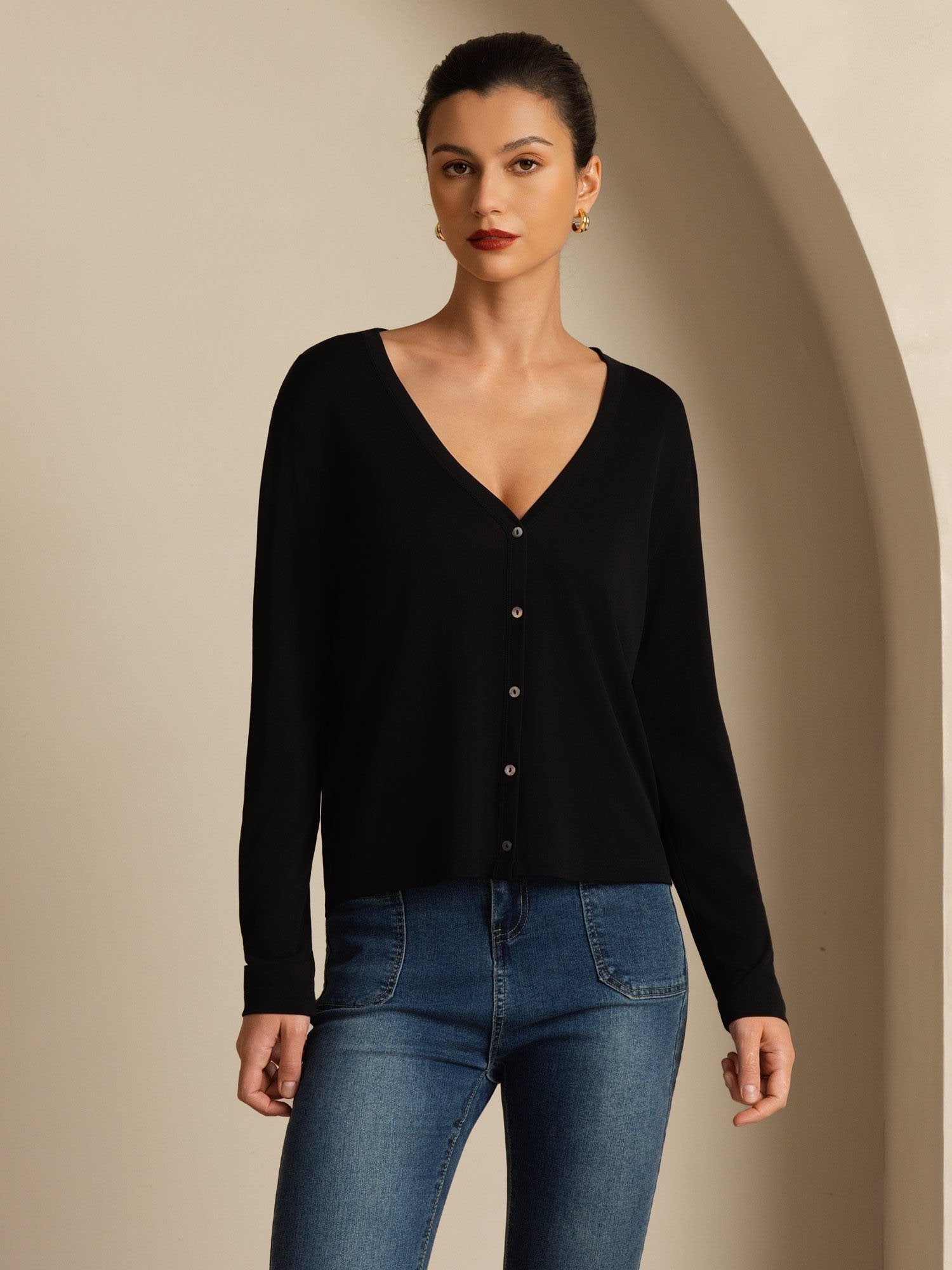[Black] SilkSilky-UK 19Momme 100% High-Twist Silk Jersey Long Sleeve V Neck Women's Cardigan 001