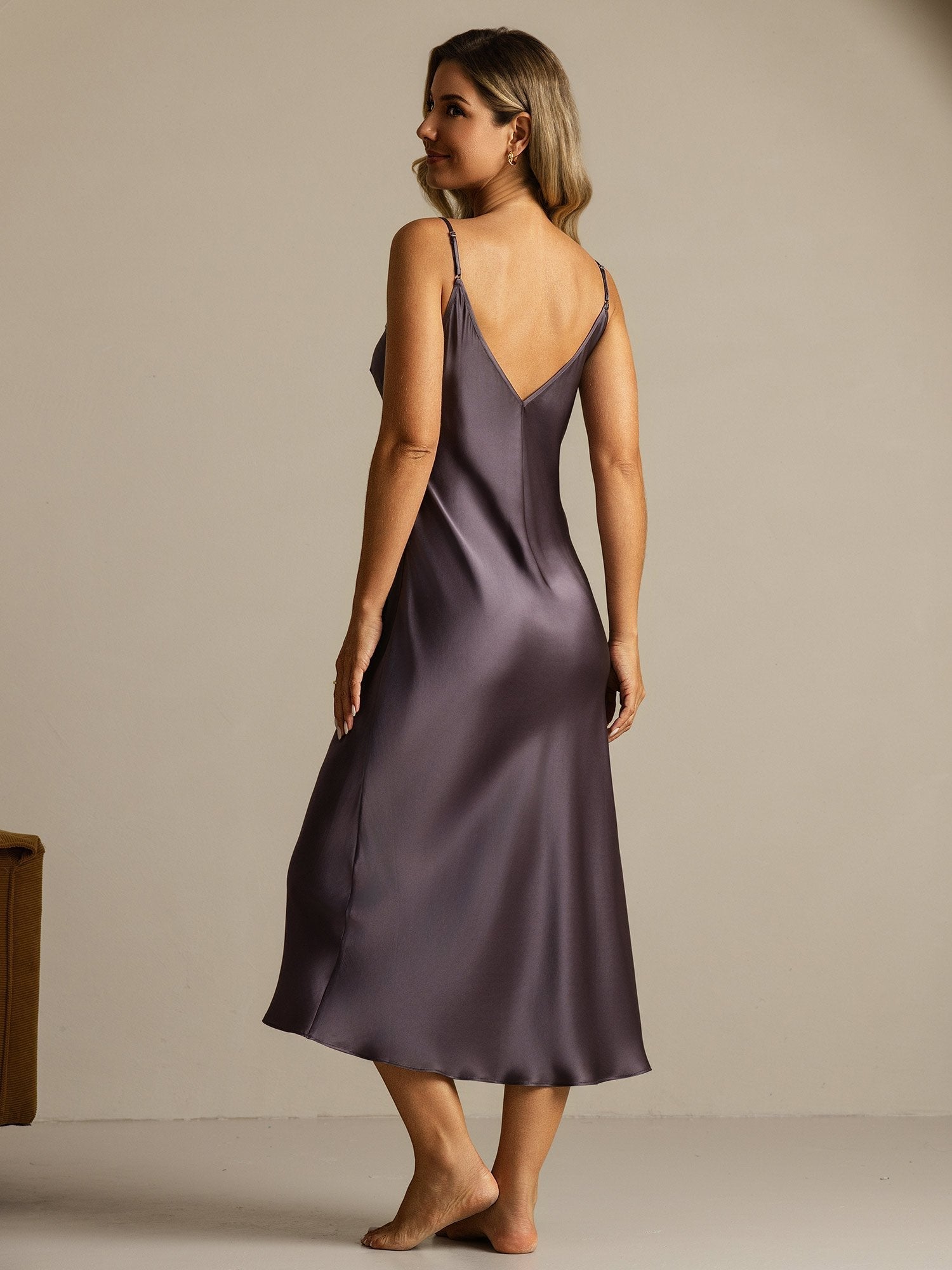 [Purple Gray] SilkSilky-UK Spaghetti Strap V Neck Nightdress 002