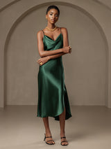 [Dark Green] SilkSilky-UK Spaghetti Strap Cowl Neck Dress 005