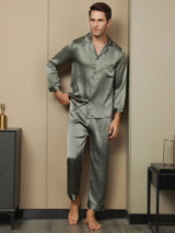 [Grayish Green] SilkSilky-UK Pure Silk Long Sleeve Lapel Men's Pyjamas 001
