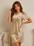 SilkSilky UK Pure Silk Short Sleeve V Neck Nightdress Champagne 005