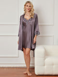 SilkSilky UK 3/4 Sleeve Nightgown&Robe Set PurpleGray 004