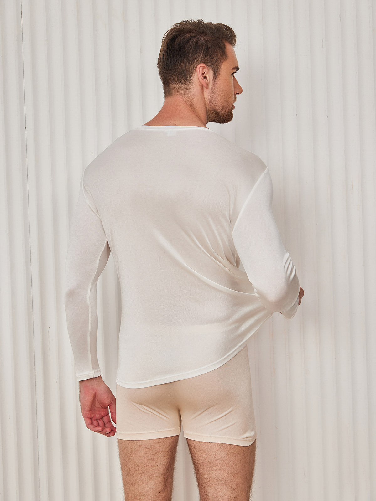 [White] SilkSilky-UK 100% Silk Jersey Long Sleeve Round Neck Men's T-Shirt 002
