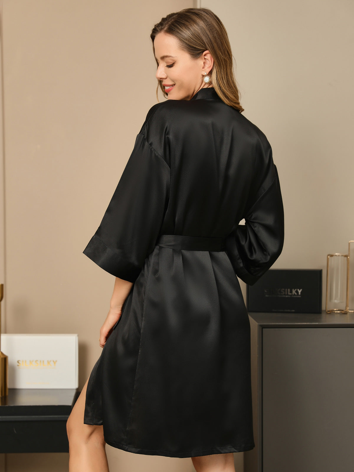 [Black] SilkSilky-UK 3/4 Sleeve Women's Dressing Gown 002