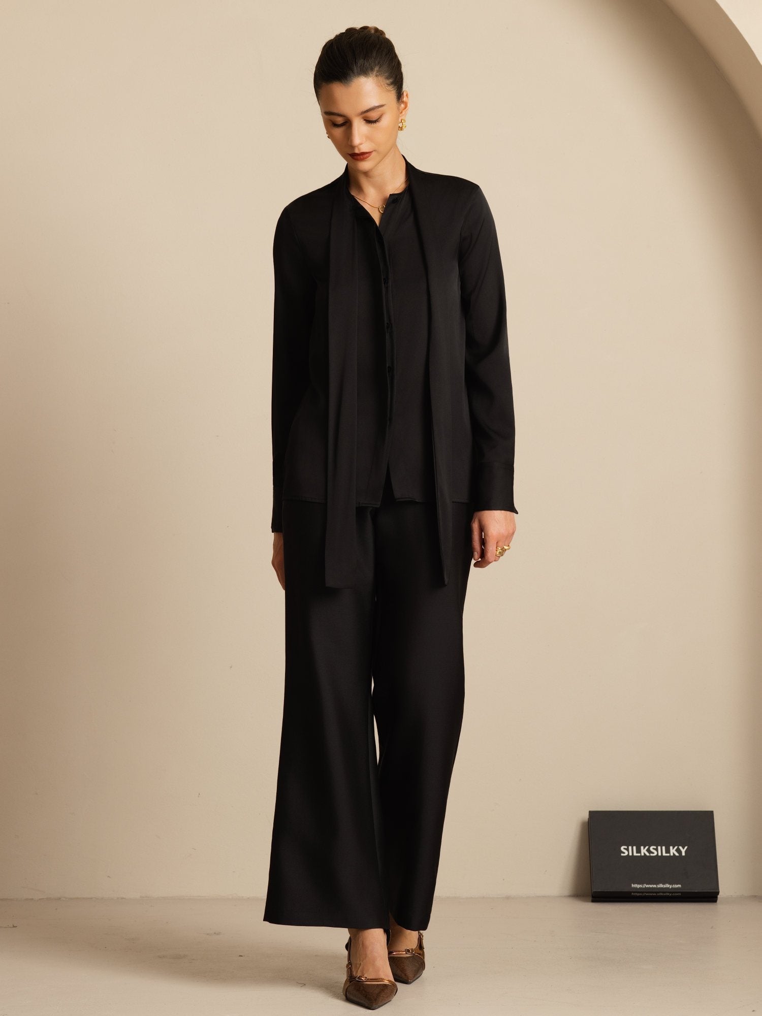 [Black] SilkSilky-UK 19Momme Silk Long Sleeve Tie Neck Blouse 003