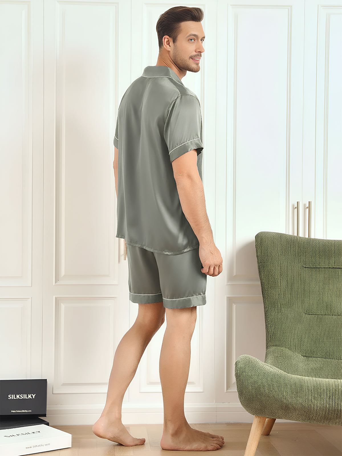 [Grayish Green] SilkSilky-UK Pure Silk Mens Pajamas 002
