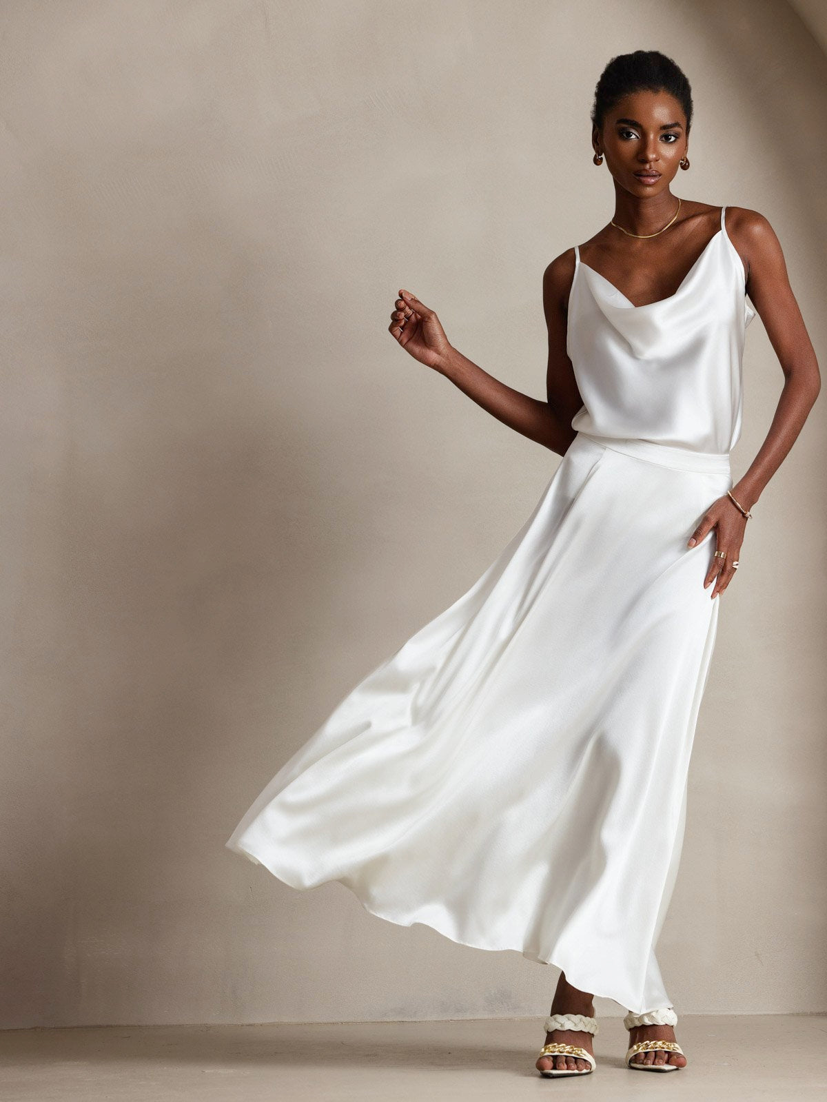 [White] SilkSilky-UK 19Momme Silk Spaghetti Strap Cowl Neck Camisole 006