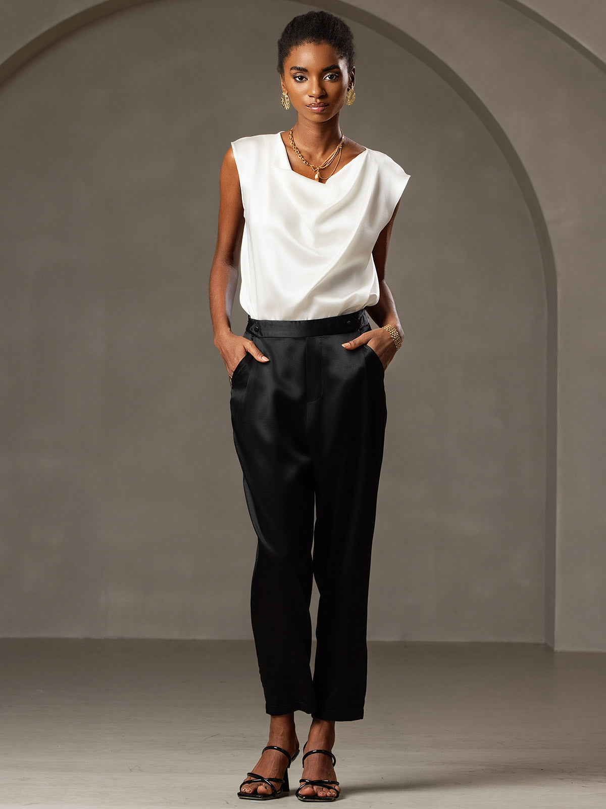 [White] SilkSilky-UK 19Momme Silk Cap Sleeve Cowl Neck Women's T-Shirt 006