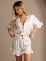 [White] SilkSilky-UK Short Sleeve V Neck Women's Pyjamas 003