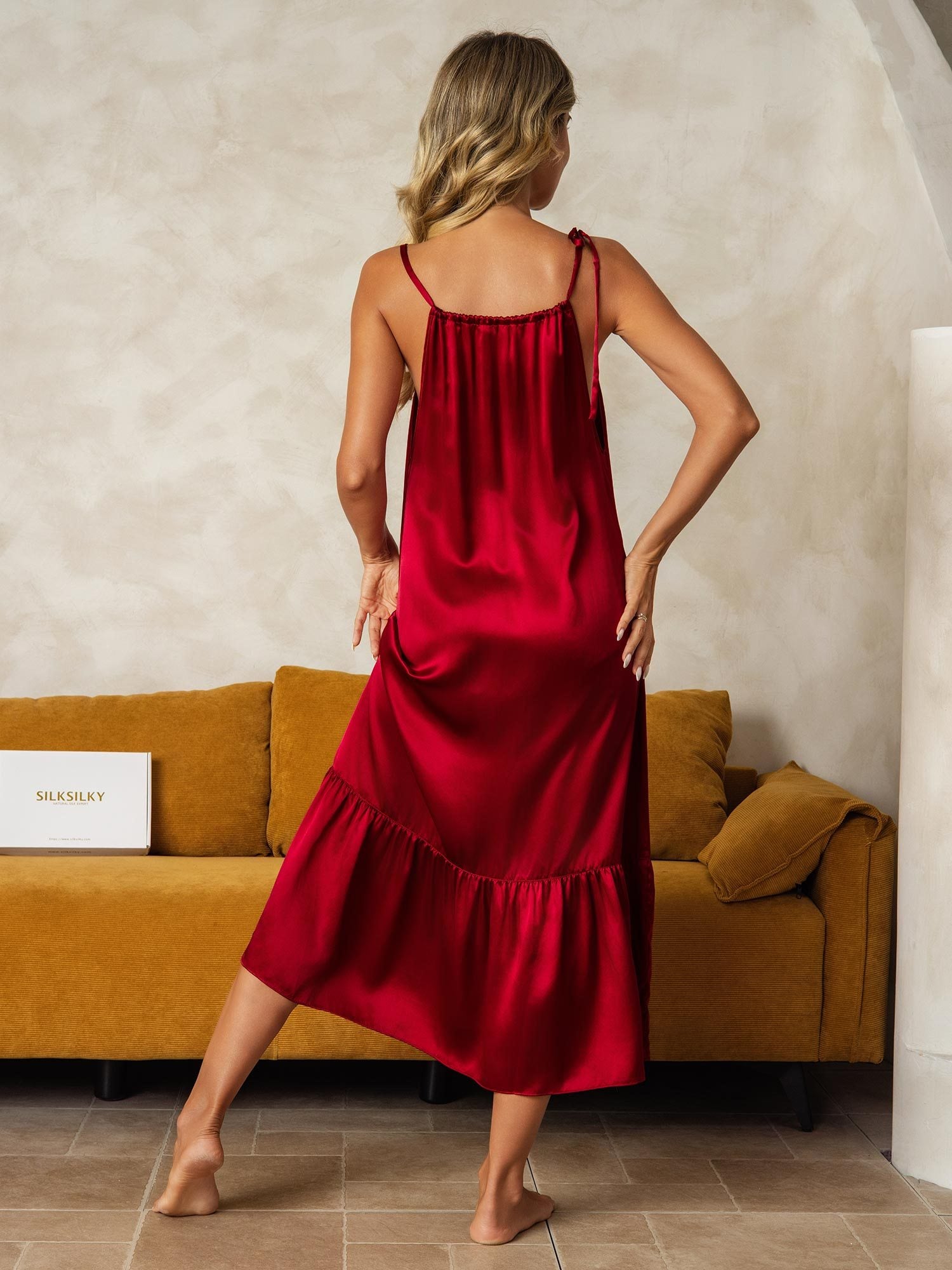 [Wine] SilkSilky-UK Pure Silk Keyhole Neck Nightdress 002