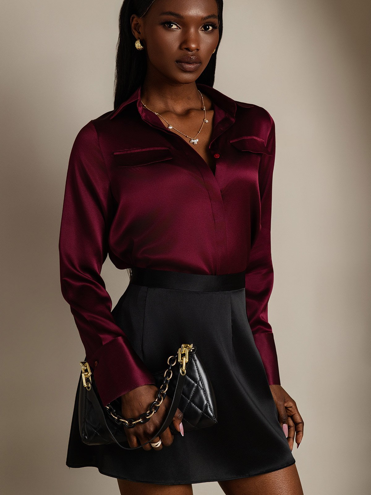 SilkSilky-UK 19Momme Silk Long Sleeve Collar Women's Shirt DarkRed 005