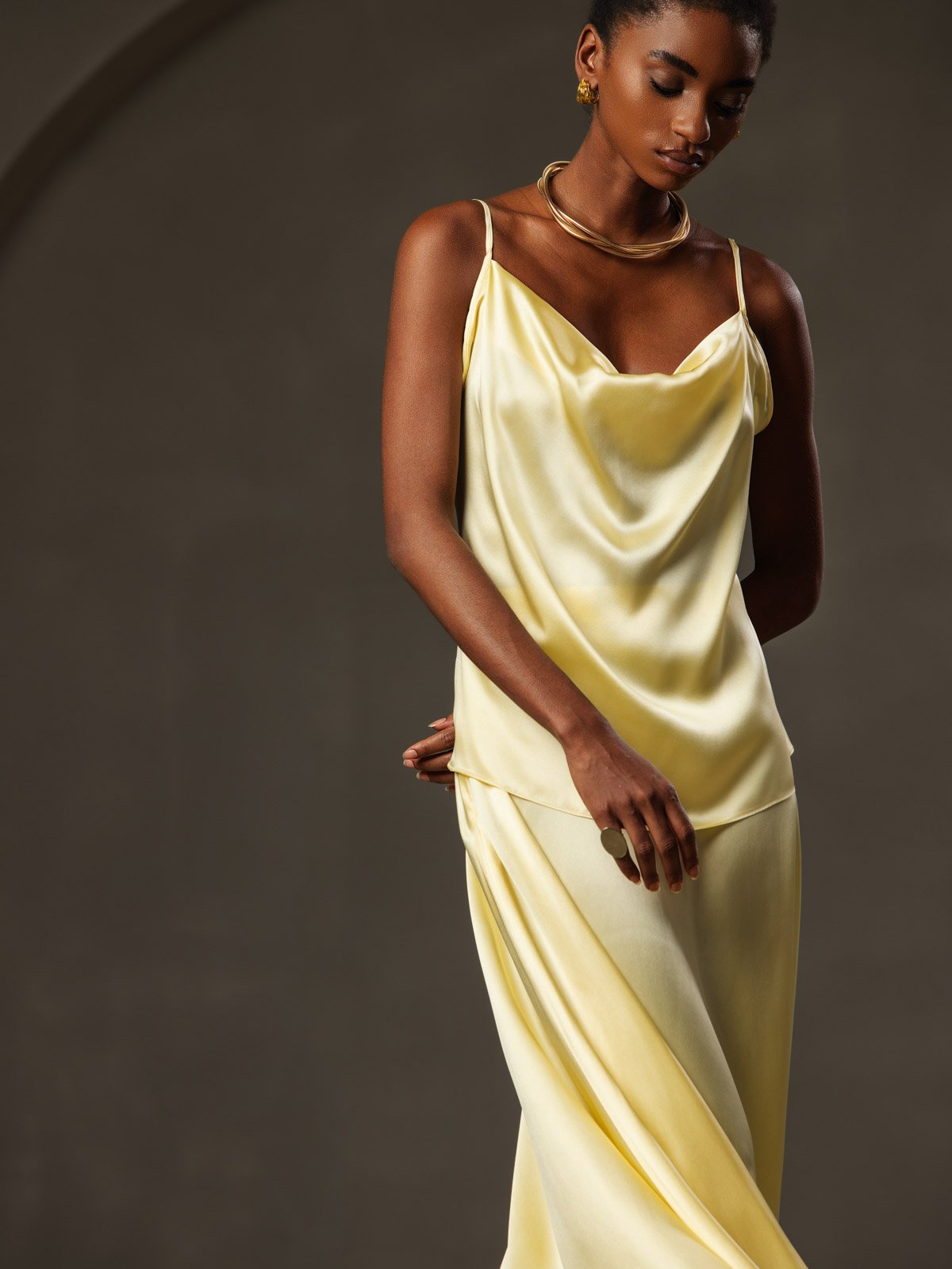 [Yellow] SilkSilky-UK 19Momme Stretch Silk Charmeuse Spaghetti Strap Cowl Neck Camisole 001