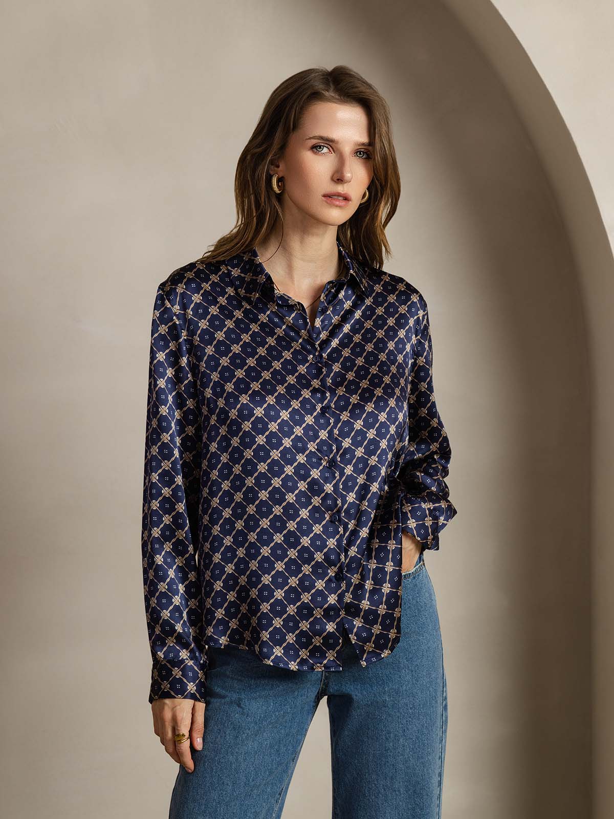 [Navy Chain] SilkSilky-UK Silk Long Sleeve Collar Women's Shirt 001