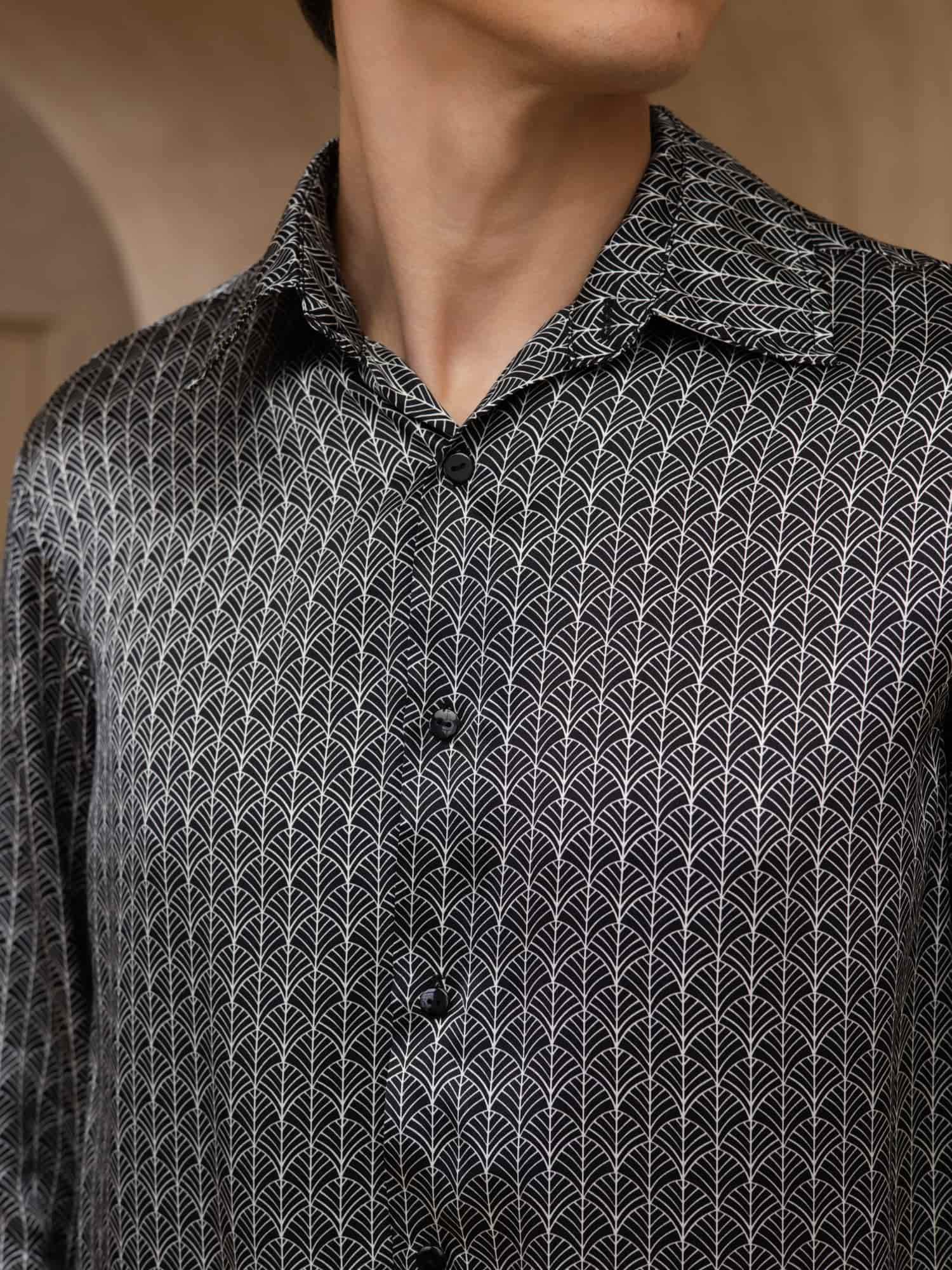[Black Ginkgo] SilkSilky-UK Long Sleeve Lapel Collar Men's Shirt 006
