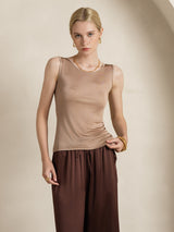 [Coffee] SilkSilky-UK 100% Silk Jersey Sleeveless Round Neck Women's T-Shirt 006