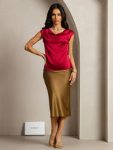 [Wine] SilkSilky-UK Cap Sleeve Cowl Neck Women's T-Shirt 003