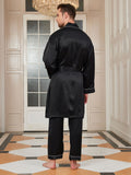 SilkSilky UK Pure Silk 3/4 Sleeve Deep V Neck Men's Dressing Gown Black 003