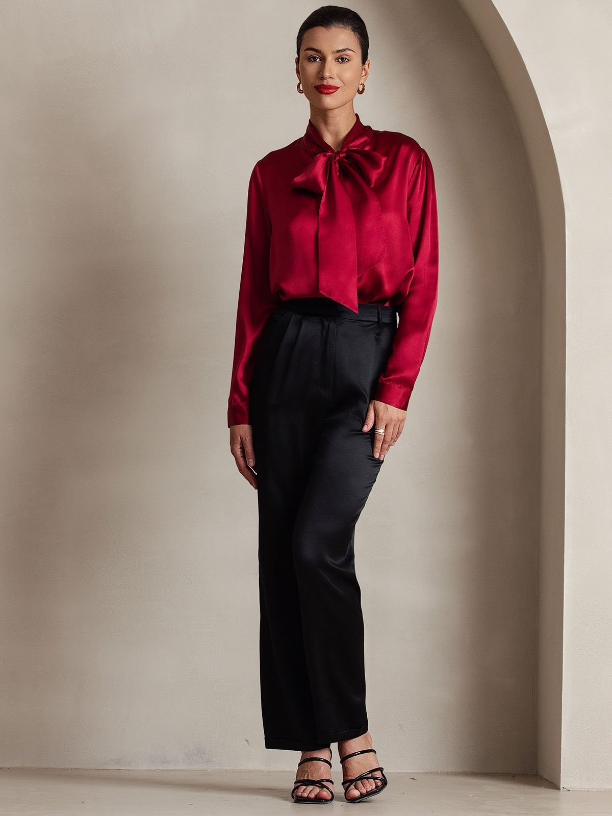 [Wine] SilkSilky-UK 19Momme Silk Long Sleeve Tie Neck Women's Shirt 006