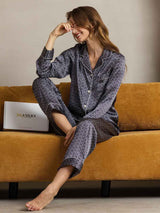 [Navy Ginkgo] SilkSilky-UK Pure Silk Notch Collar Women's Pyjamas 003,