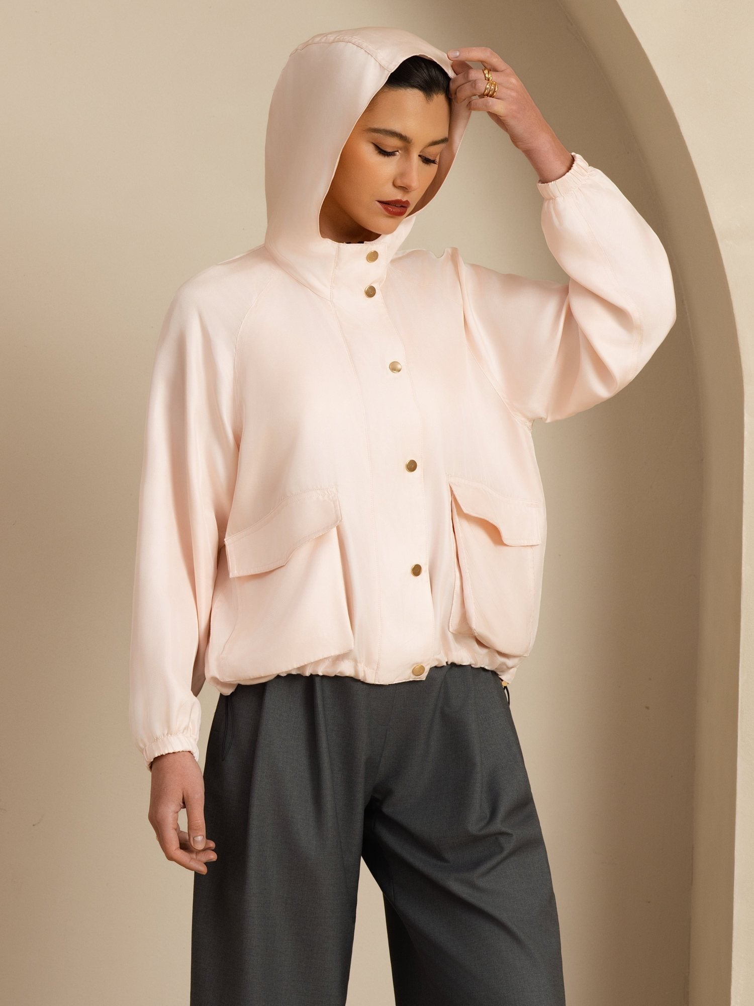 [Pink] SilkSilky-UK Silk Satin Surah Long Sleeve High Neck Women's Outerwear 001
