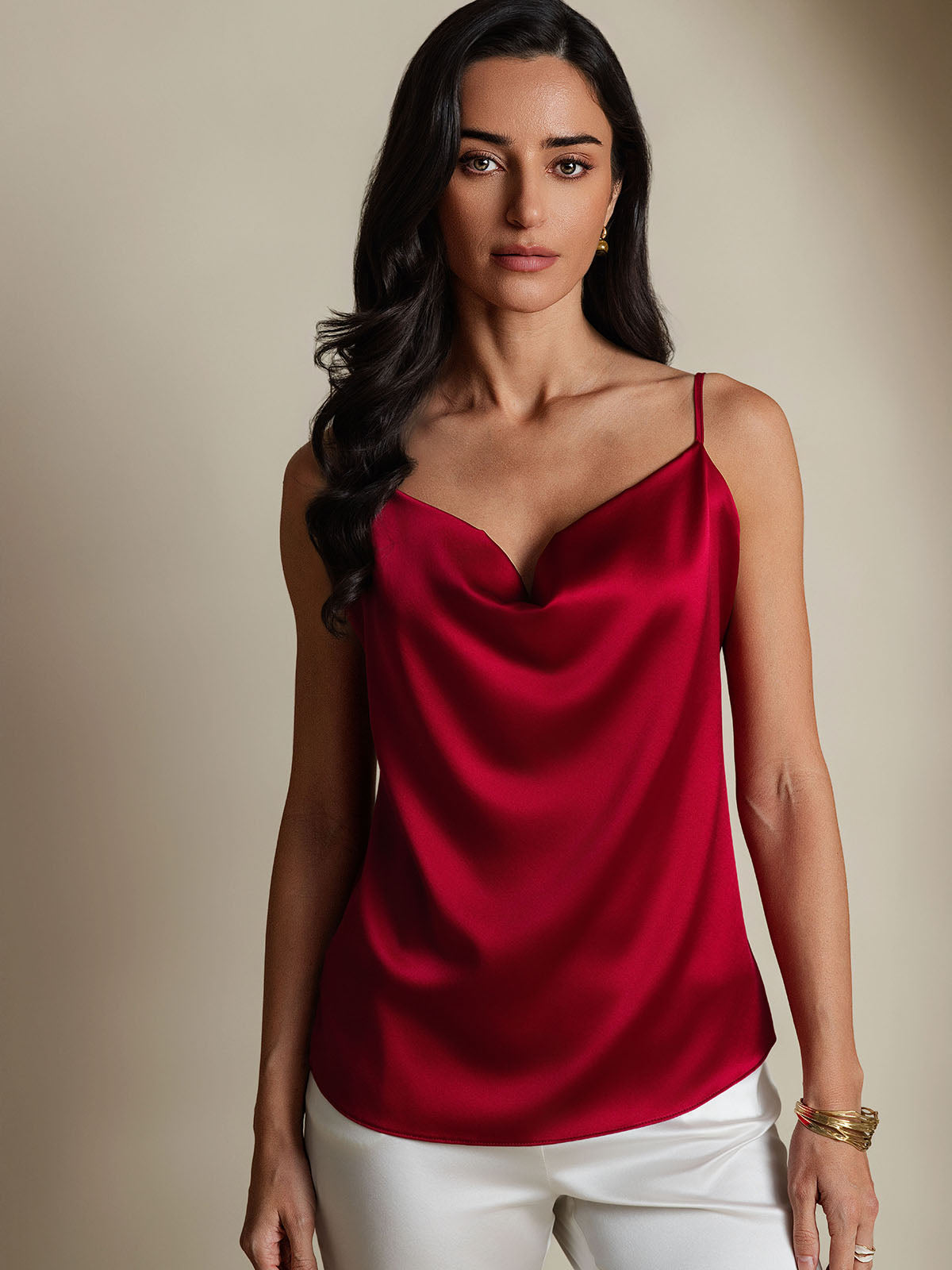 [Wine] SilkSilky-UK 19Momme Silk Spaghetti Strap Cowl Neck Camisole 001