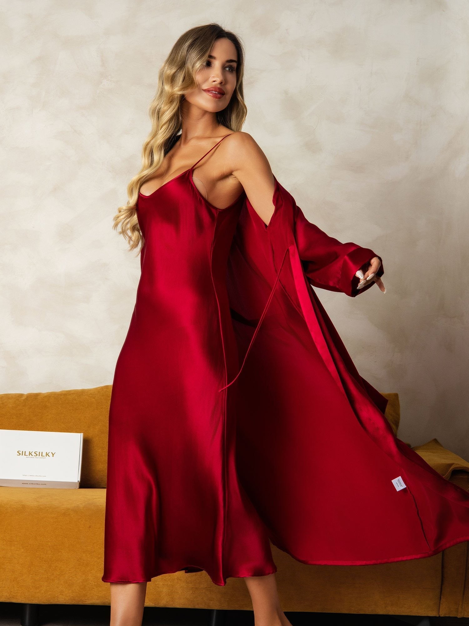 [Wine] SilkSilky-UK Long Sleeve V Neck Nightdress&Dressing gowns 007